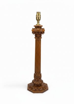 Antique Carved Oak Corinthian Column Table Lamp c.1920 – Neoclassical Revival Lighting