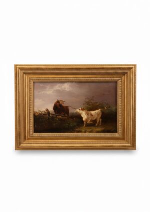 Henry Park (1816–1871): "Two Bulls in a Field," Victorian Oil on Canvas, Dated 1857