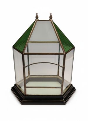Victorian Brass & Stained Glass Hexagonal Terrarium / Display Case