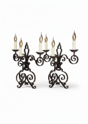 A Pair of Antique French Wrought Iron Triple-Light Mantel Lamps