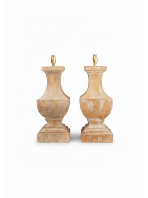 Pair of Mid-Century Solid Mango Wood Table Lamps, Lime Wash