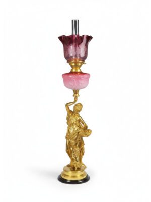 Antique Carrier-Beluese Gilt Bronze Lady Oil Lamp Signed