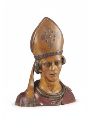 Antique Polychrome Carved Bust of a Bishop