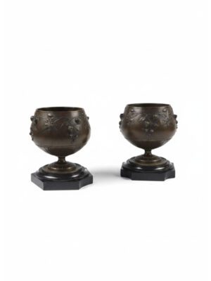 French Bronze Table Top Planters on Marble Bases I Pair 19th Century