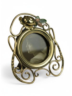 Antique Art Nouveau Brass Photo Frame with Rose and Enamel Design