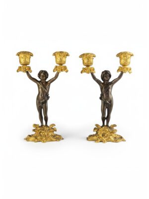 Patinated Bronze & Ormolu Putti Candelabra, Twin-Light Cherub Figures I Pair