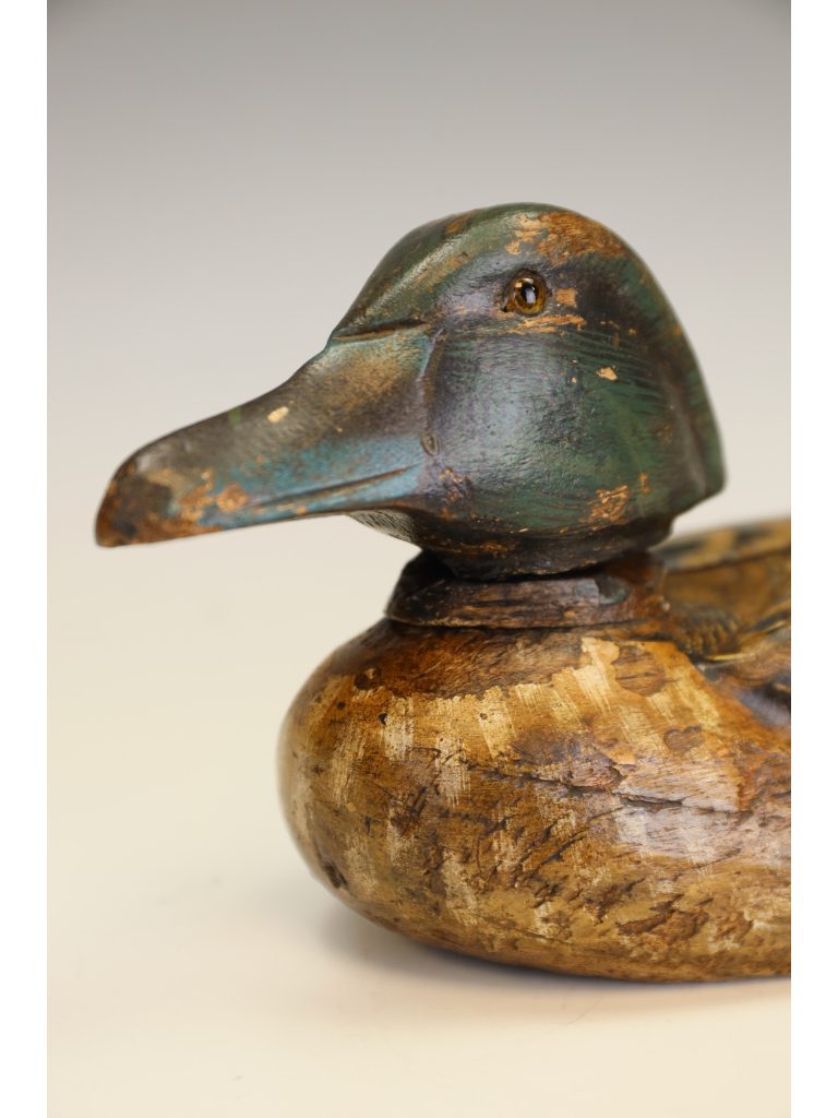 Vintage Hand-Carved Wooden Decoy Duck &ndash; Folk Art Mallard with Original Paintwork