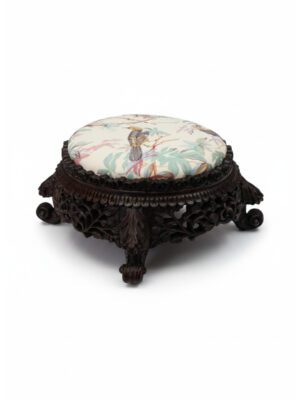 A Virtuoso Mid-Victorian Hand-Carved Stool in Bennison ‘Paradise’ Linen
