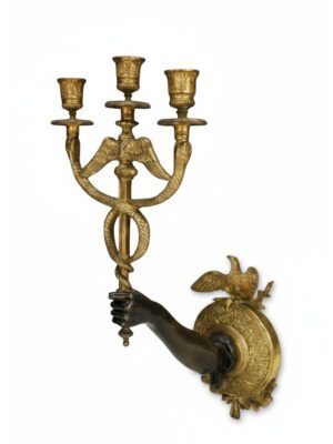 French Empire Ormolu & Patinated Bronze 3-Light Wall Sconce, Arm Holding Caduceus