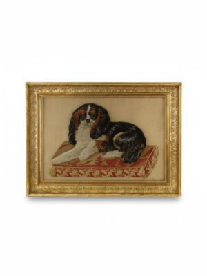 Large Framed 19th Century Folk Art Woolwork of a King Charles Spaniel on a Cushion