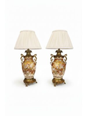 Pair of Large 19th-Century Japanese Satsuma Table Lamps – Grand Gilt Bronze Ormolu Mounts