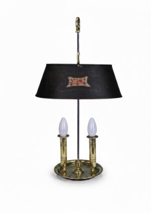 Antique 19th Century French Brass 2-Light Bouillotte Lamp with Hand-Painted Tôle Shade