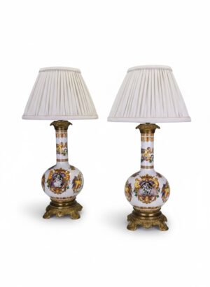 Pair of Antique 19th Century Neo-Renaissance Italian Majolica Porcelain Table Lamps