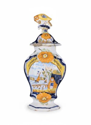 18th Century Dutch Delft Polychrome Covered Pot with Bird Finial, Circa 1760–1780