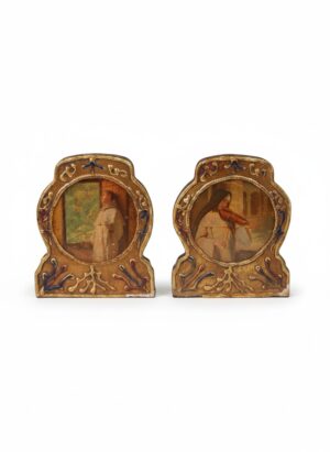 Pair of Art Nouveau Religious Bookends with Hand-Coloured Prints, Circa 1900