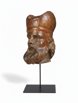 18th Century Polychrome Carved Wooden Bishop Bust, Continental Ecclesiastical Fragment