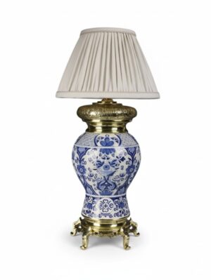 Late Victorian Belgian Blue & White Faience Oil Lamp, Circa 1880–1900