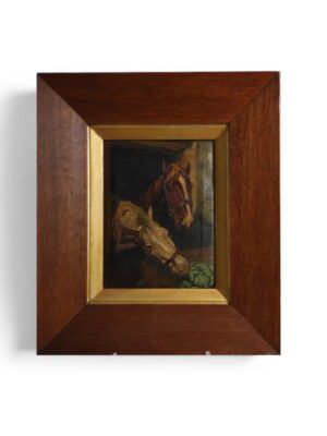 Late 19th Century Continental Oil Painting of Two Horses in a Stable, Signed, c.1880–1900