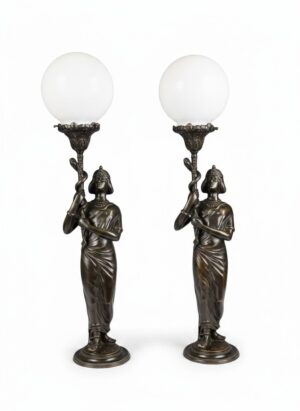 Pair of Egyptian Revival Bronze Cleopatra Table Lamps with Opaline Globes