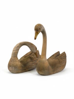 Pair of Large Weathered Hand-Carved Wooden Swans with Brass Beaks