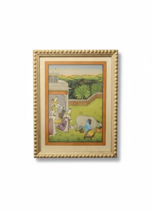 Indian Rajput-Style Miniature Painting of Krishna Milking a Sacred Cow with Gopis