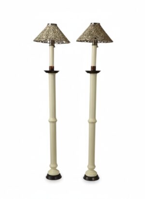 Pair of Monumental English Painted Wood Candle Lamps with Silver-Plated Shades, c.1900