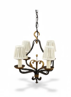 French Hand-Forged Wrought Iron & Gilt Four-Light Chandelier, c.1900