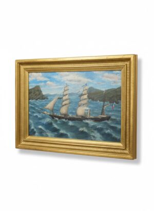 19th Century French Naïve Marine Painting of a Three-Masted Steam Sailing Ship, Signed Monscavoir