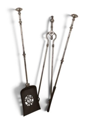 Antique Edwardian three-piece steel fireside companion set, c.1900–1910, comprising a long-handled poker, decorative pierced coal shovel and complementary fire tongs. Featuring elegant turned steel handles, ornamental finials and a naturally aged silver-grey patina.