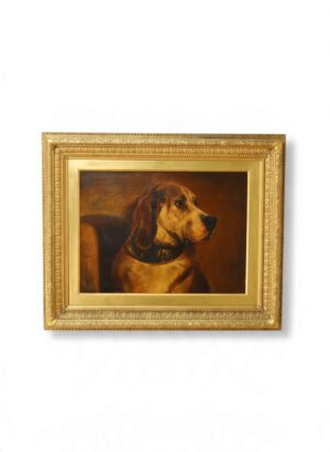 Large Victorian oil painting of Odin the hound, after Sir Edwin Landseer, depicting a golden-brown Mastiff–Bloodhound with expressive eyes, long ears and a dark leather collar, presented in a substantial ornate gilt frame.