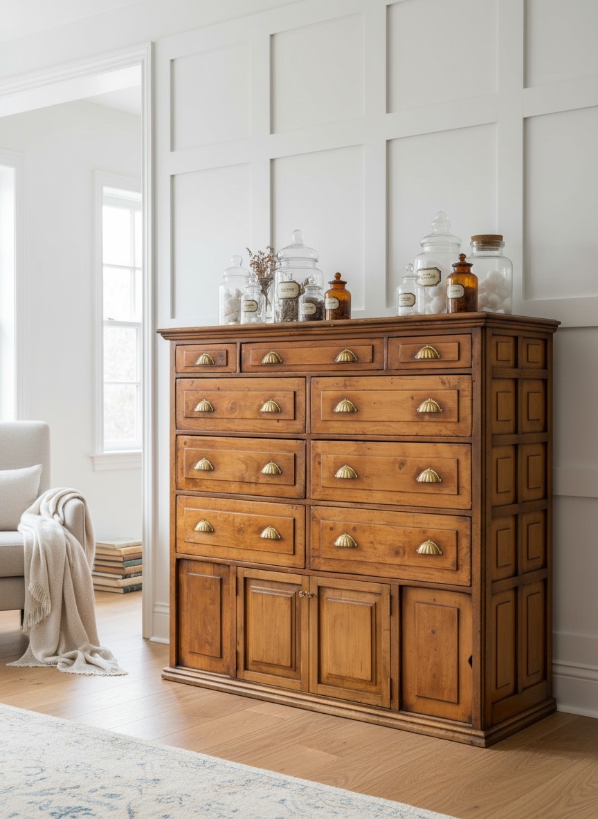 Traditional antique-style wooden multi-drawer cabinet with warm polished timber finish, brass drawer handles and architectural detailing, displayed in a light country house interior, illustrating Shackleton Fox's sourcing of antique furniture and distinctive period furnishings.