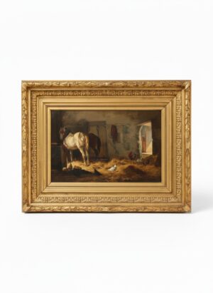 Gustave Colsoulle (1843–1895), Belgian Stable Interior with Horses and Chickens, c.1875