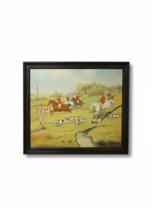 M. Laurent – Naïve Folk Art Hunting Scene with Horses & Hounds, 20th Century