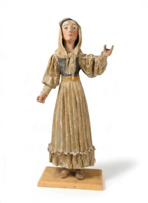 Early European Folk Art Shepherdess or Village Woman, Carved Wood & Papier-Mâché, 17th–18th Century