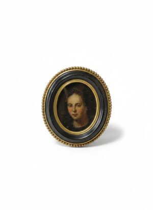 19th Century Hand-Painted Portrait Miniature in Ebony & Bronze Frame, c.1850–1880