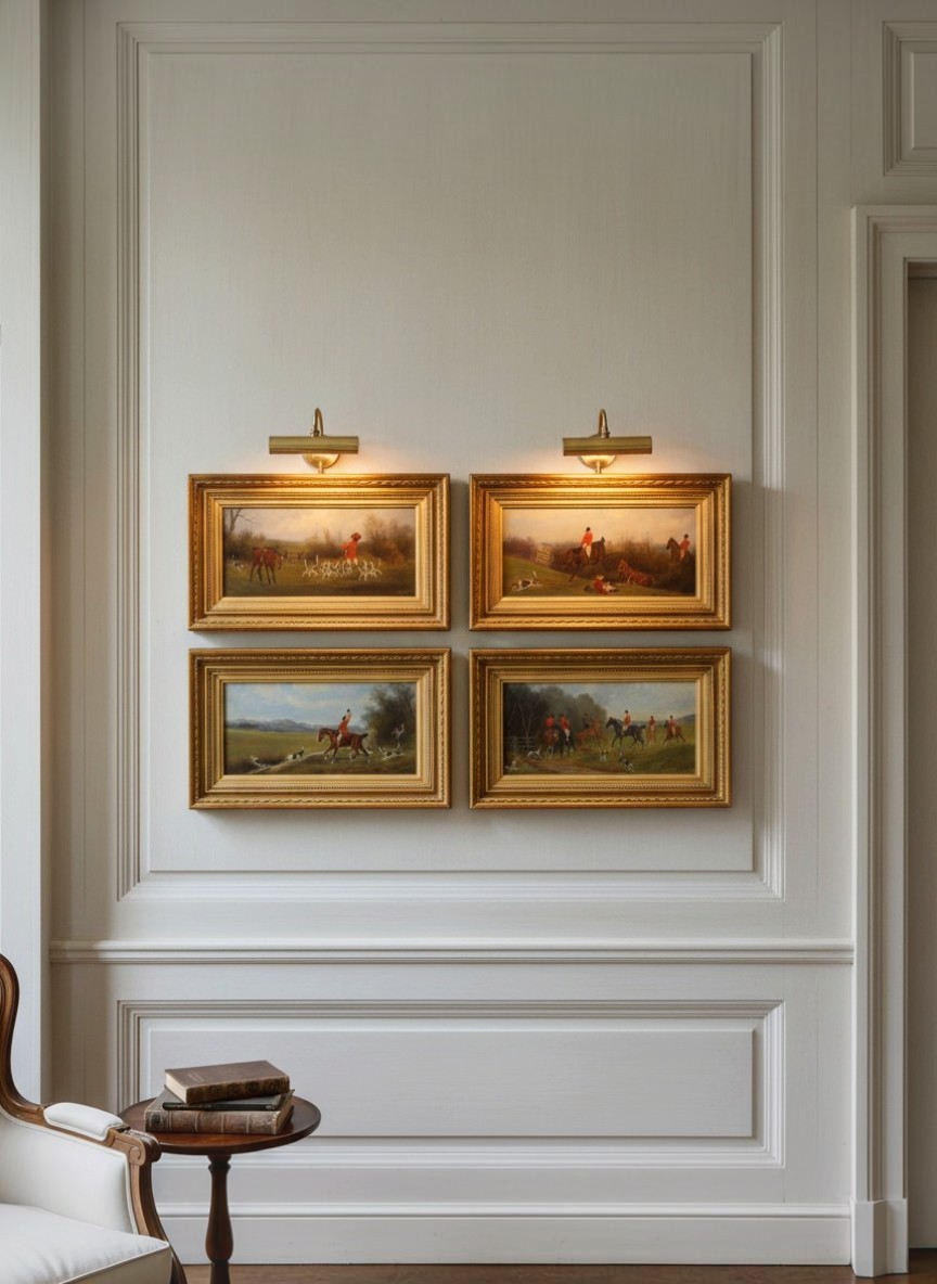Collection of four traditional framed landscape paintings arranged in a symmetrical display on a cream panelled wall, each presented in a decorative gilt frame, illustrating Shackleton Fox's sourcing of original antique paintings, portraits and decorative artwork.