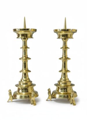 Pair of 19th Century Flemish Gothic Brass Pricket Candlesticks with Lion Feet