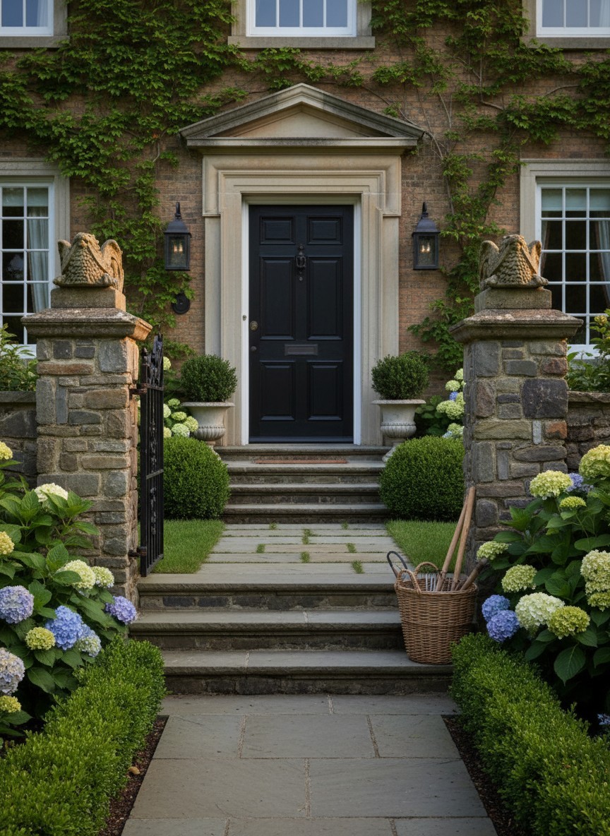 Traditional English country house entrance with classical stone doorway, broad stone steps, decorative stone sculptures on pedestals and formal garden planting, illustrating Shackleton Fox's sourcing of architectural antiques, garden ornaments and period architectural features.