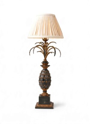 French Hollywood Regency Carved Wood Pineapple Table Lamp with Gilt Metal Palm Leaves, c.1920–1930s