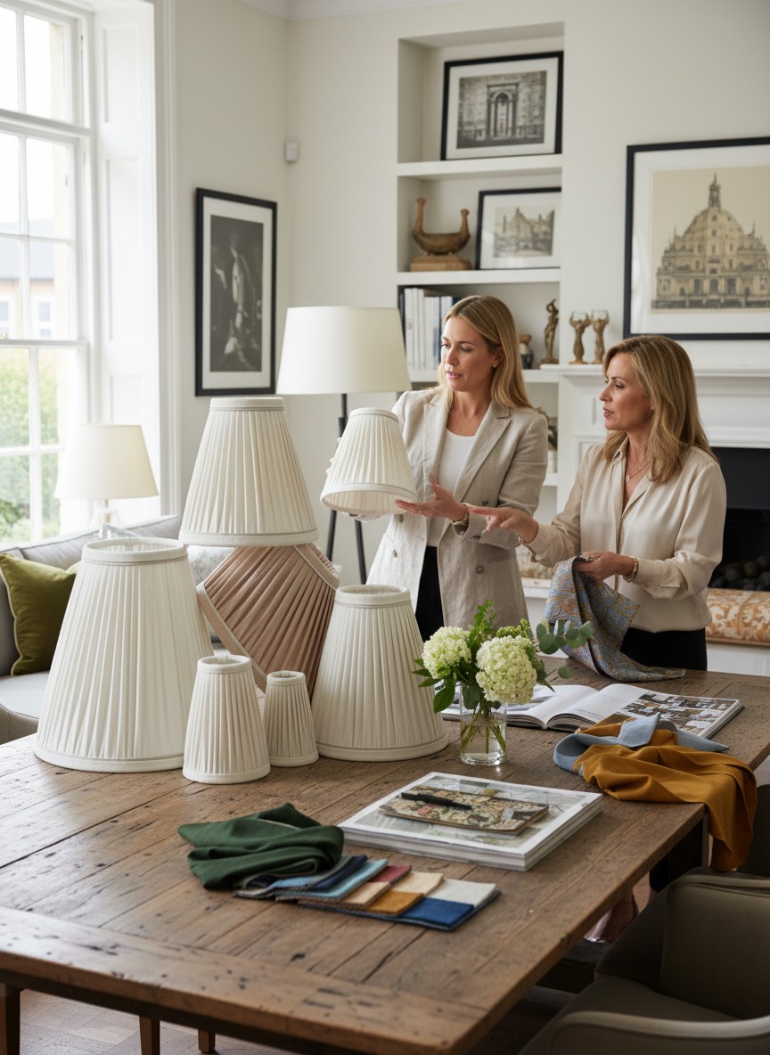Collection of handmade pleated fabric lampshades in various sizes and shapes, displayed on a rustic wooden table alongside fabric samples and interior design materials. Two women discuss lampshade designs in an elegant country house interior, showcasing traditional craftsmanship and bespoke lighting accessories.
