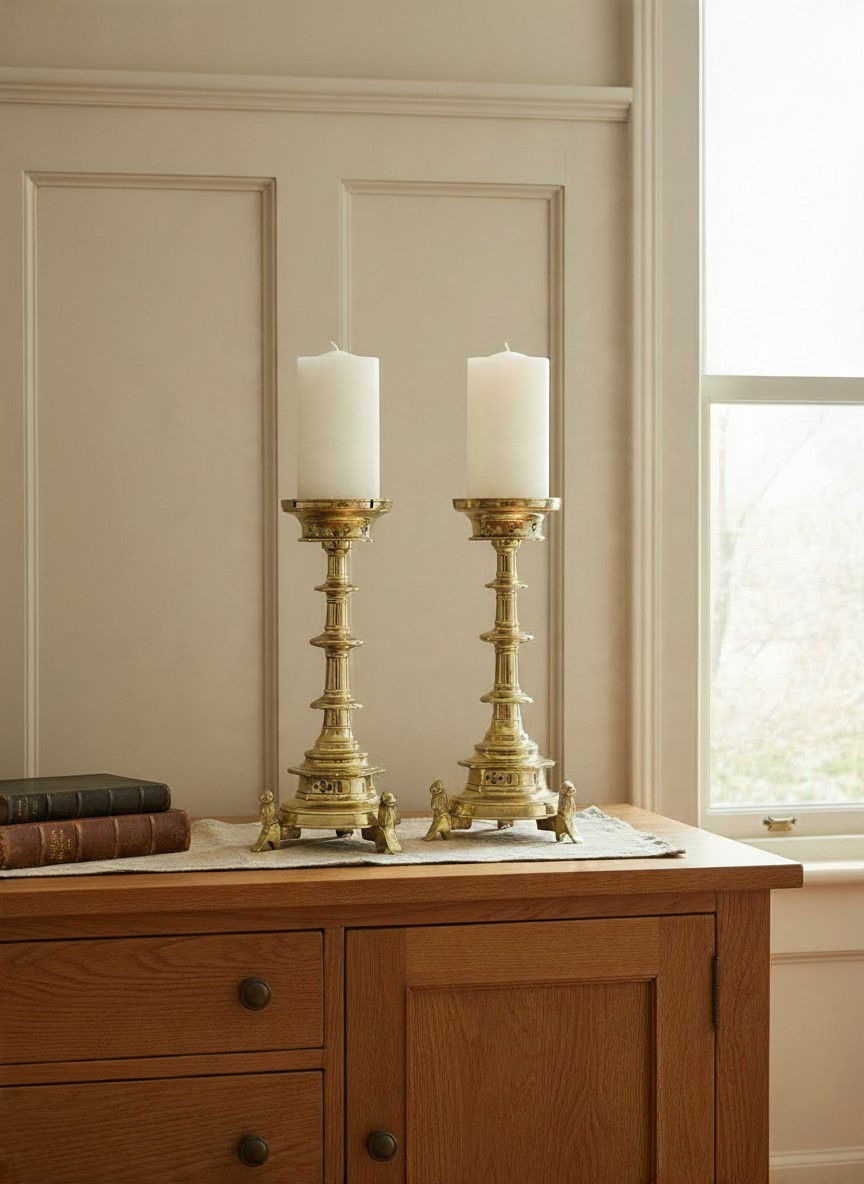 Pair of tall antique brass ecclesiastical candlesticks with decorative turned columns, stepped circular bases and three ornamental feet, each holding a white pillar candle. Displayed on a natural linen runner atop a traditional wooden cabinet, beside antique leather-bound books and a sunlit window, against elegant cream wall panelling. Antique candleholders and decorative candlesticks from Shackleton Fox Antiques & Interiors.