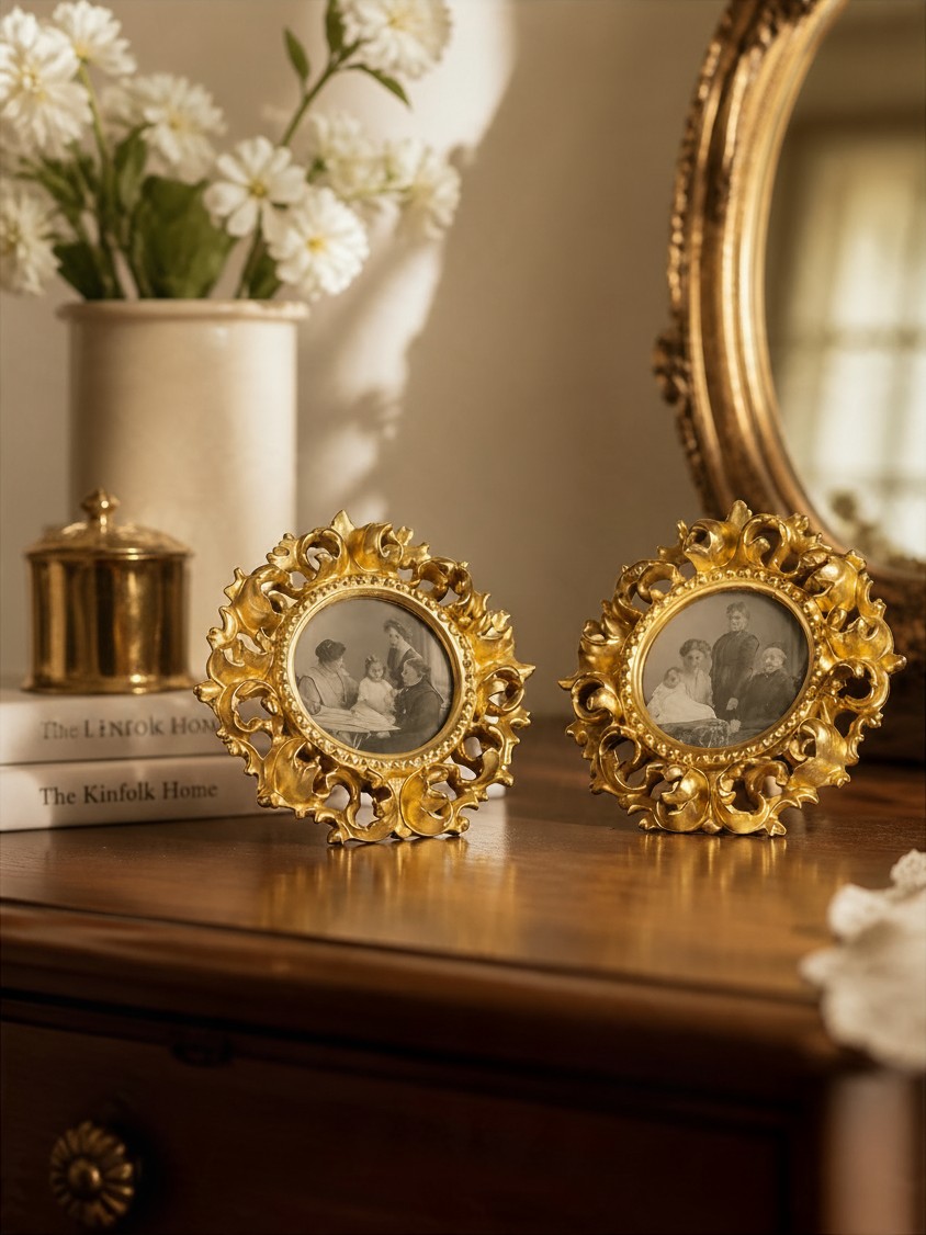 Pair of ornate gilt antique circular photograph frames displaying vintage family portraits, arranged on a polished wooden cabinet with decorative antiques, flowers and a gilt mirror in an elegant traditional interior.