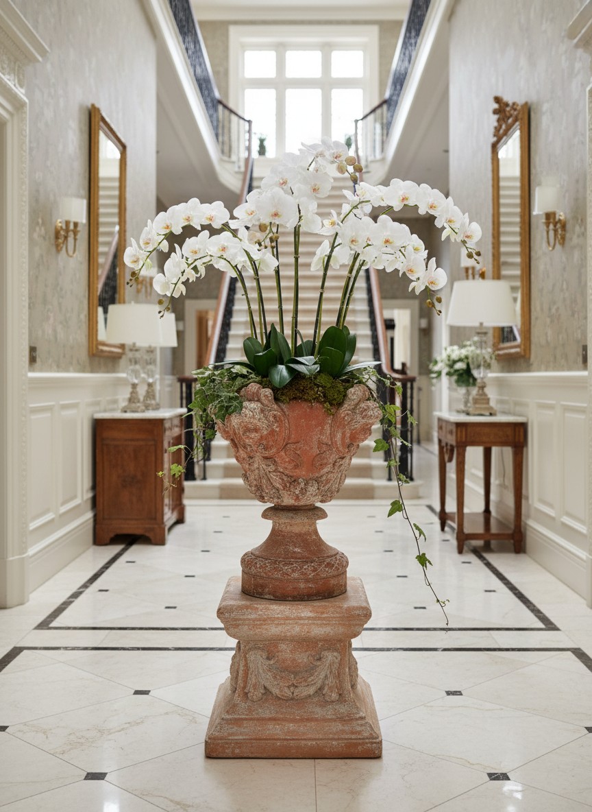 Large antique-style terracotta garden urn with decorative carved detailing, filled with cascading white orchids and greenery, displayed on a classical stone pedestal in an elegant English country house entrance hall with a grand staircase, gilt mirrors and traditional furnishings.