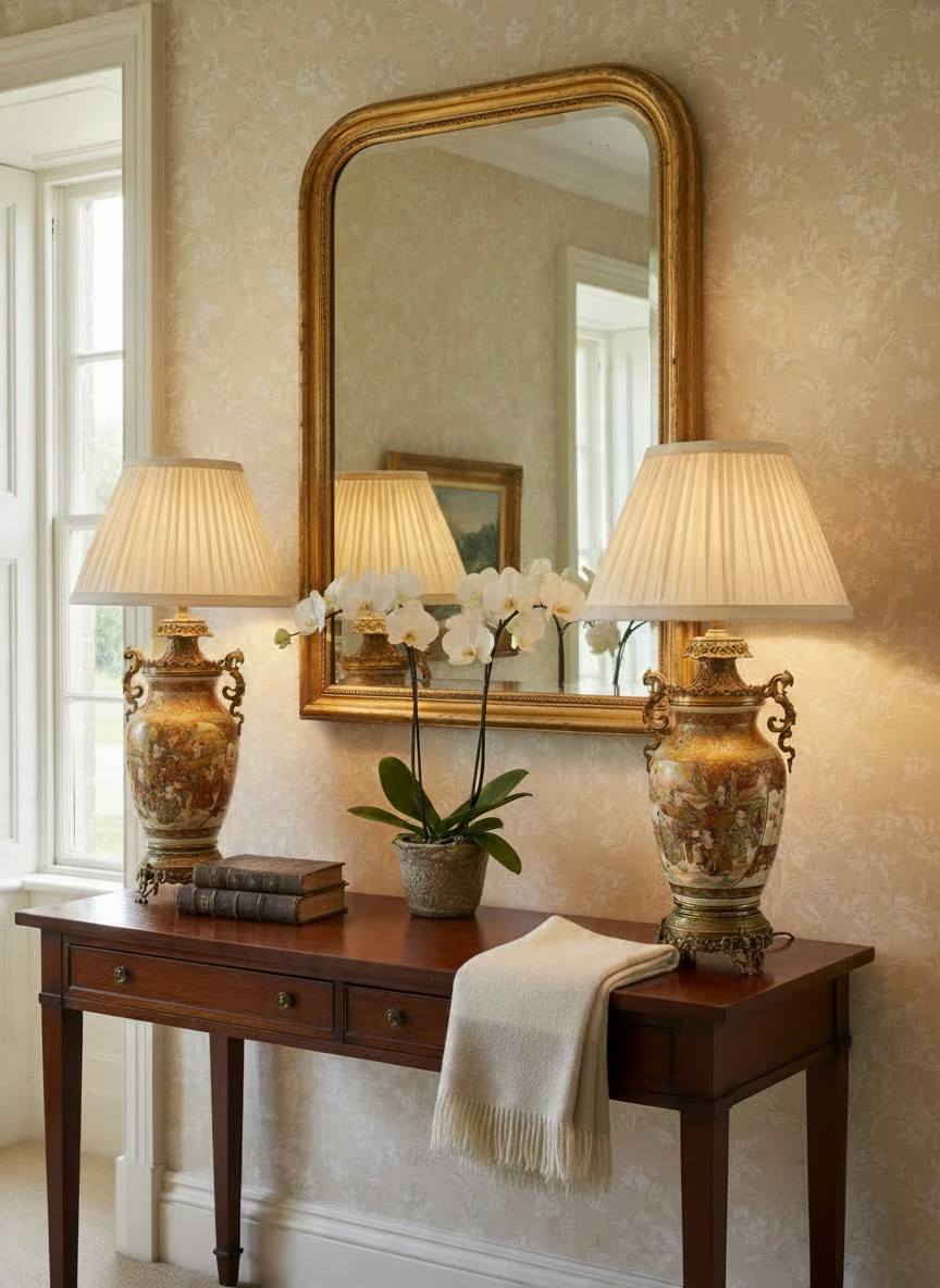 Pair of ornate antique porcelain table lamps with decorative gilt bronze mounts and elegant pleated cream lampshades, displayed on a Georgian-style mahogany console table beneath a large antique gilt-framed mirror. A refined English country house interior showcasing antique lighting and traditional decorative antiques by Shackleton Fox.
