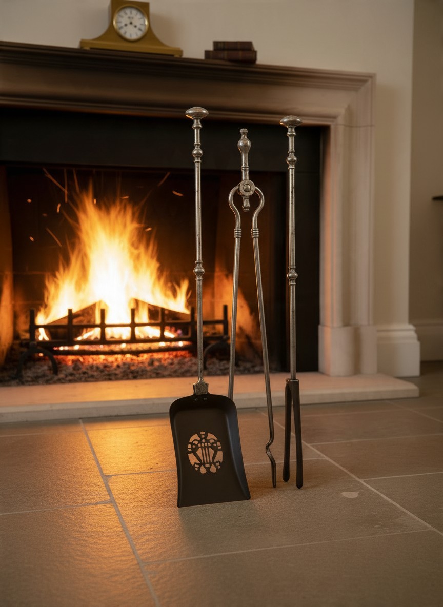 Antique Edwardian steel fireside companion tools comprising a poker, pierced coal shovel and fire tongs, displayed on a stone hearth in front of a traditional open fireplace with a glowing log fire. The polished steel handles, decorative shovel piercing and aged metal finishes complement the elegant country house interior. Antique fireside accessories from Shackleton Fox Antiques & Interiors.