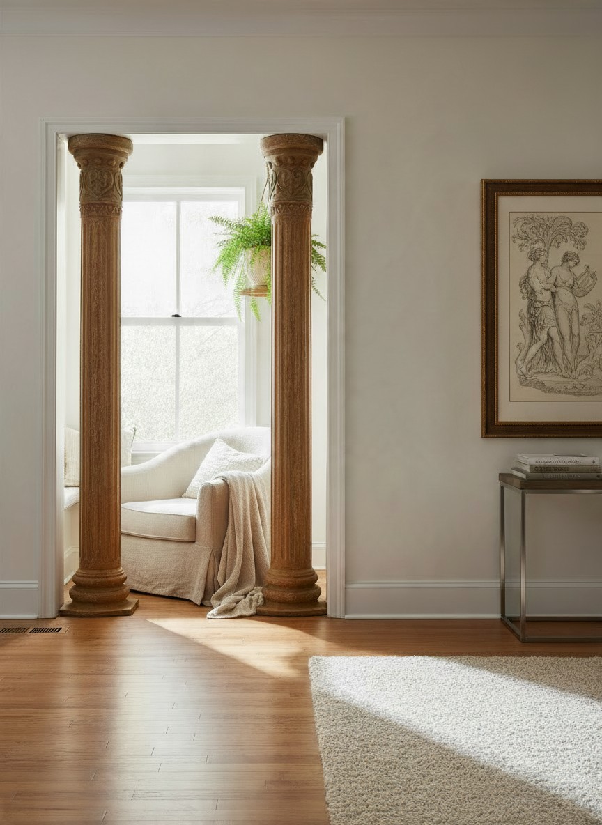 Pair of tall antique carved wooden architectural columns with decorative Corinthian-style capitals, fluted shafts and substantial stepped bases, positioned on either side of an interior doorway in an elegant country house setting. The columns retain a warm, weathered timber finish and intricate carved detailing. Beyond the doorway is a softly lit sitting room with a cream upholstered armchair, while a framed classical artwork, console table and natural wooden flooring complement the architectural antiques.