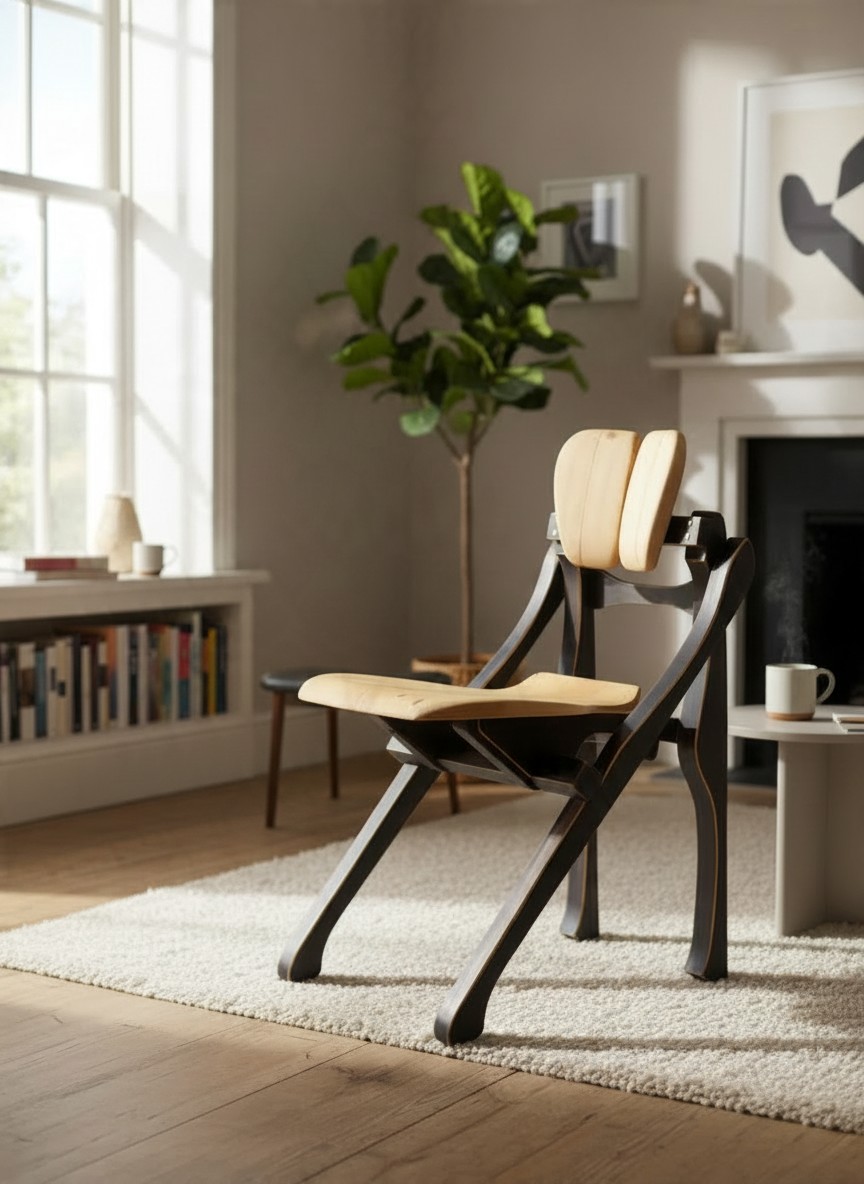 Contemporary design-led accent chair featuring a sculptural dark wooden frame, distinctive curved legs, angular supports and pale natural upholstered seat and split backrest. The chair is displayed in a bright, elegant living room with large sash windows, natural wooden flooring, a cream textured rug, a leafy indoor plant and a traditional fireplace. The setting combines contemporary furniture design with understated country house interiors, highlighting the chair's unusual architectural form and contrasting materials.