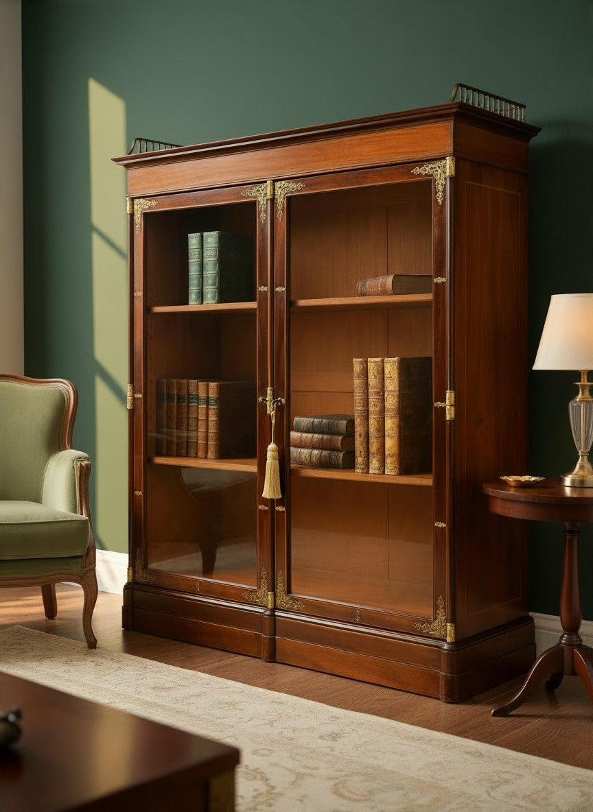 Elegant antique mahogany glazed bookcase cabinet with two glass-panelled doors, decorative brass mounts, classical architectural cornice and brass gallery rails. The cabinet contains a selection of antique leather-bound books and is displayed in a refined country house sitting room with deep green walls, a sage-green upholstered armchair, an antique side table and a traditional table lamp. Natural sunlight highlights the warm timber finish and fine craftsmanship of this period furniture piece.