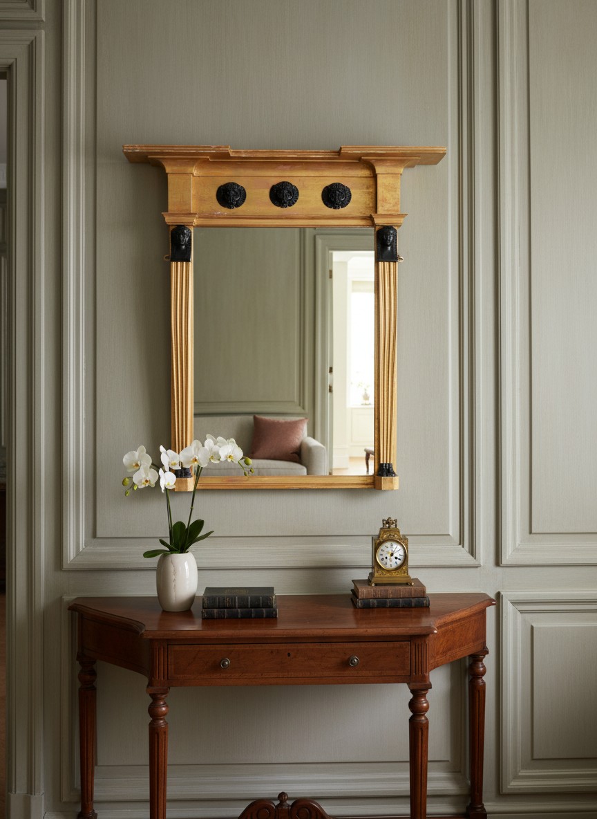 Antique giltwood wall mirror with classical architectural detailing, a broad moulded cornice, three black circular ornaments and slender fluted gilt columns with contrasting black accents. Displayed above a polished antique wooden console table against elegant sage-grey panelled walls, the mirror reflects a softly furnished country house sitting room. White orchids, antique books and a small gilt mantel clock complete the traditional interior setting.
