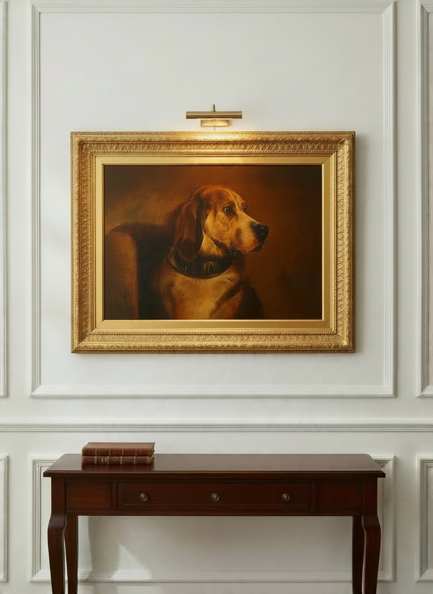 Antique oil painting depicting a brown hound dog in a richly detailed gilt frame, displayed on an elegant panelled wall above a traditional mahogany console table. A classic English country house interior showcasing antique animal portraiture and decorative fine art.